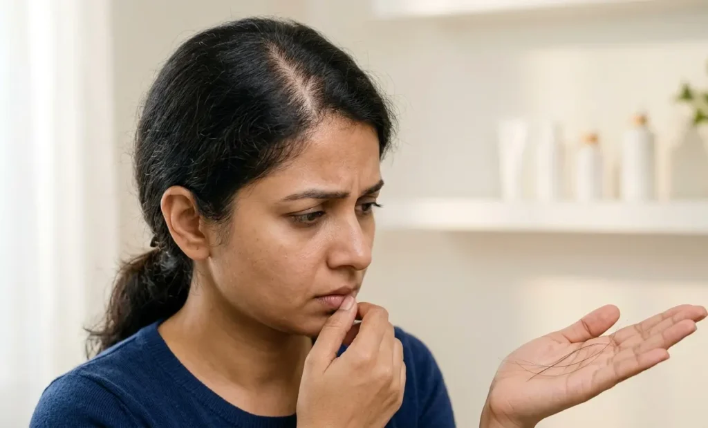 Woman with thinning hair showing hair care concern and regrowth concept