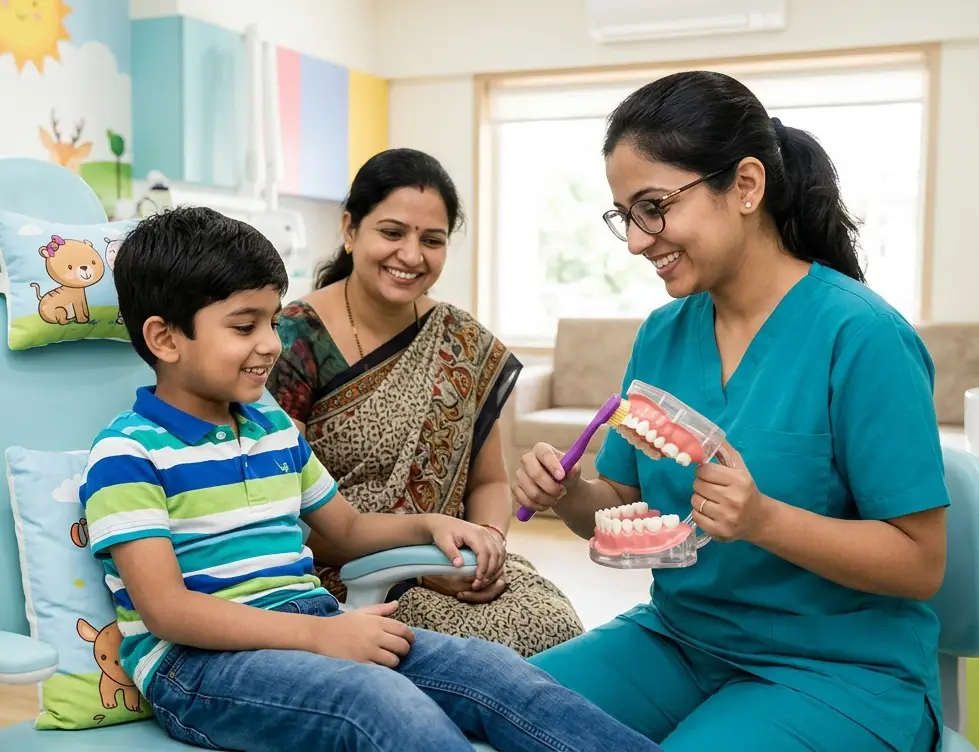 Paediatric dentist explaining kids dental care during a child dental checkup at Dew Clinic Chennai