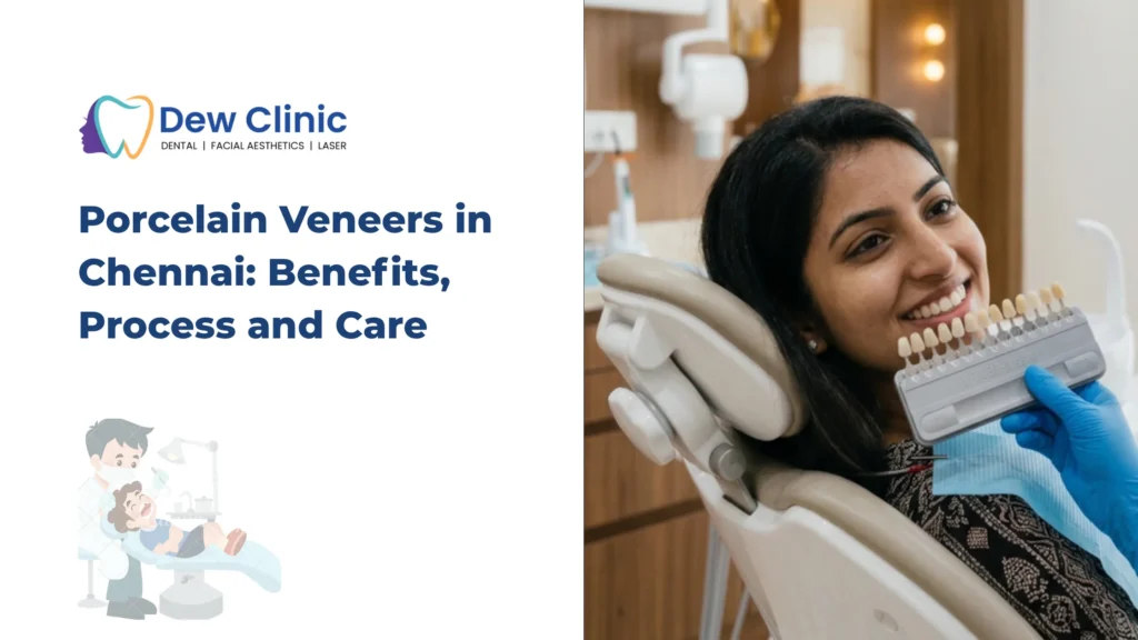 Cosmetic dentist performing porcelain veneer shade selection for a patient during a porcelain veneers consultation in Chennai.