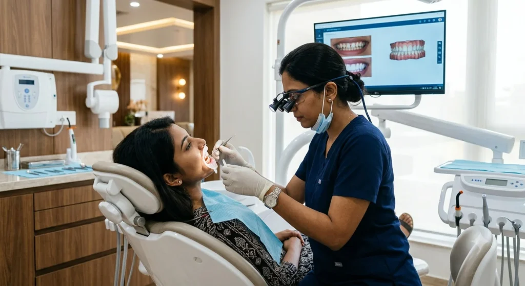 Patient receiving porcelain veneers treatment at Dew Clinic Chennai for a natural smile makeover.