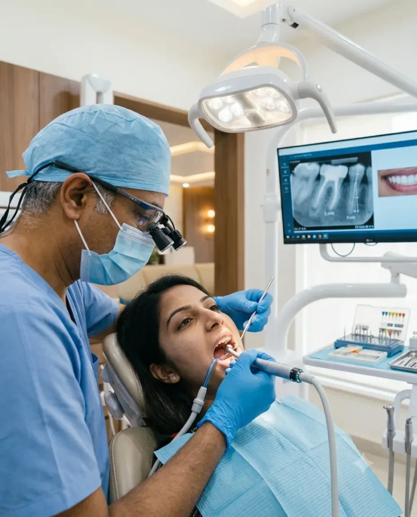 Dentist performing a painless root canal treatment on a patient at a modern dental clinic in Chennai.